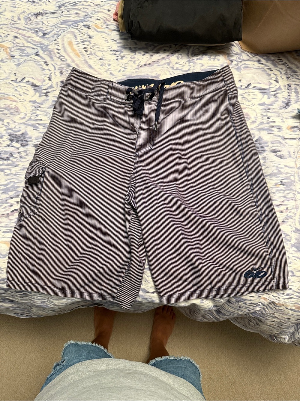 Nike Men's Navy and White Pinstripe Swim Board Shorts